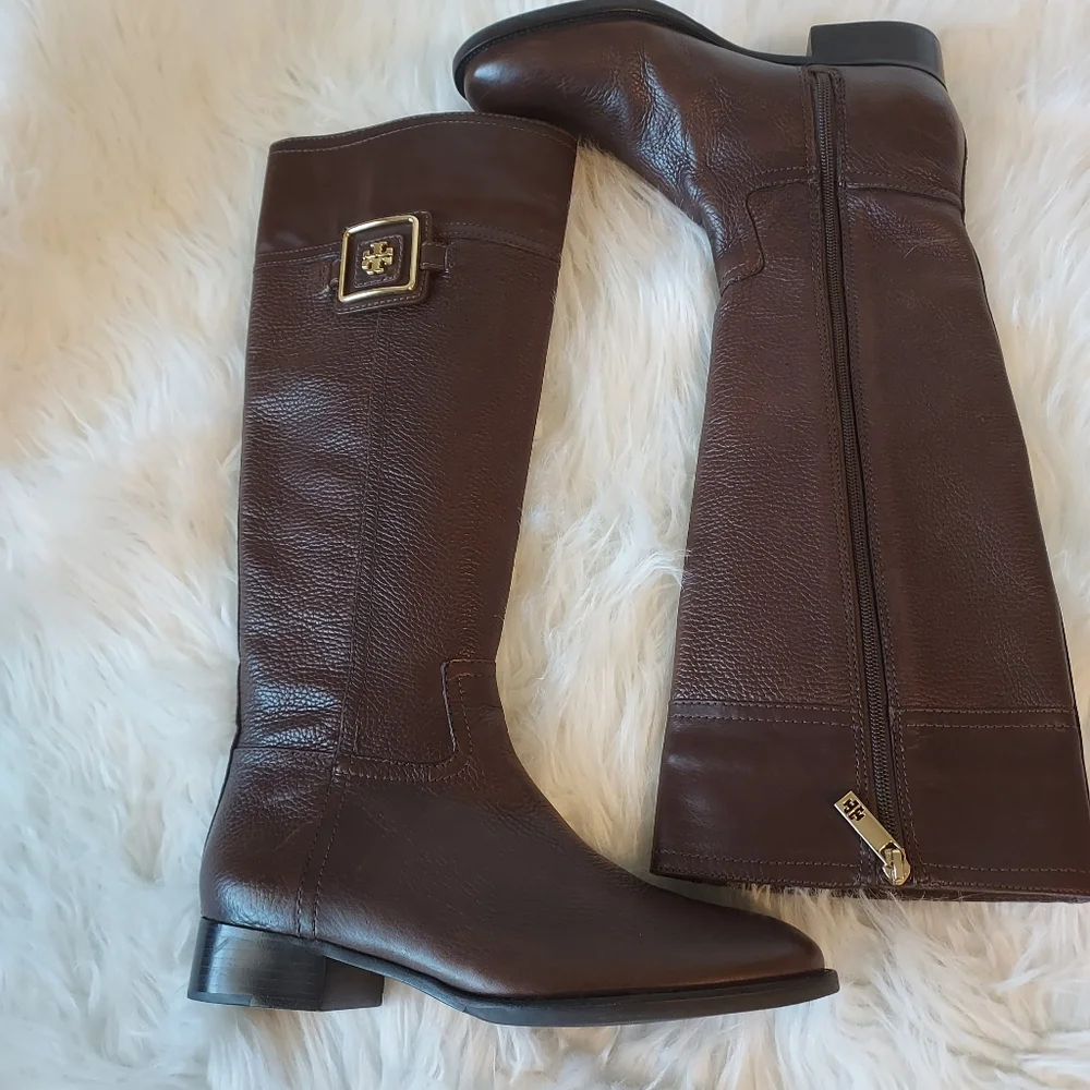 Tory Burch Julian Deep Brown Pebble Leather Riding Boots with Equestrian Style